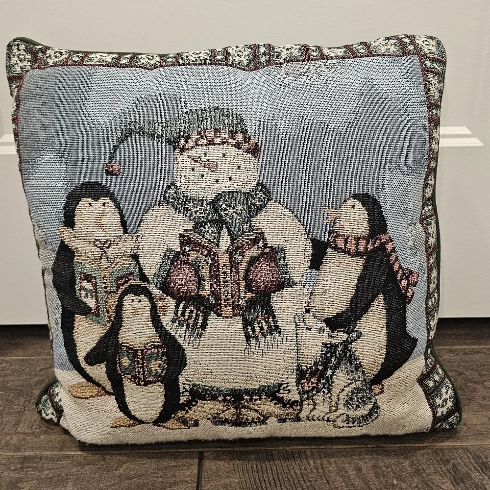 Vintage Debbie Mumm Tapestry Pillow with a Snowman, Pup, & Penguin Carolers